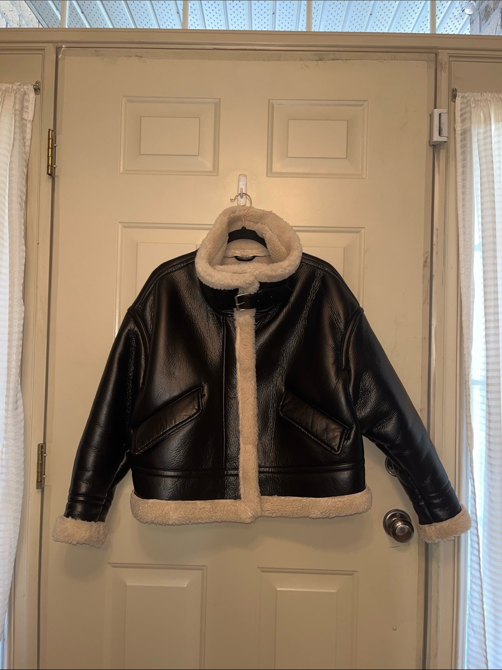 Very rare Women’s Black Faux Leather Aviator Jacket with Cream Shearling Trim